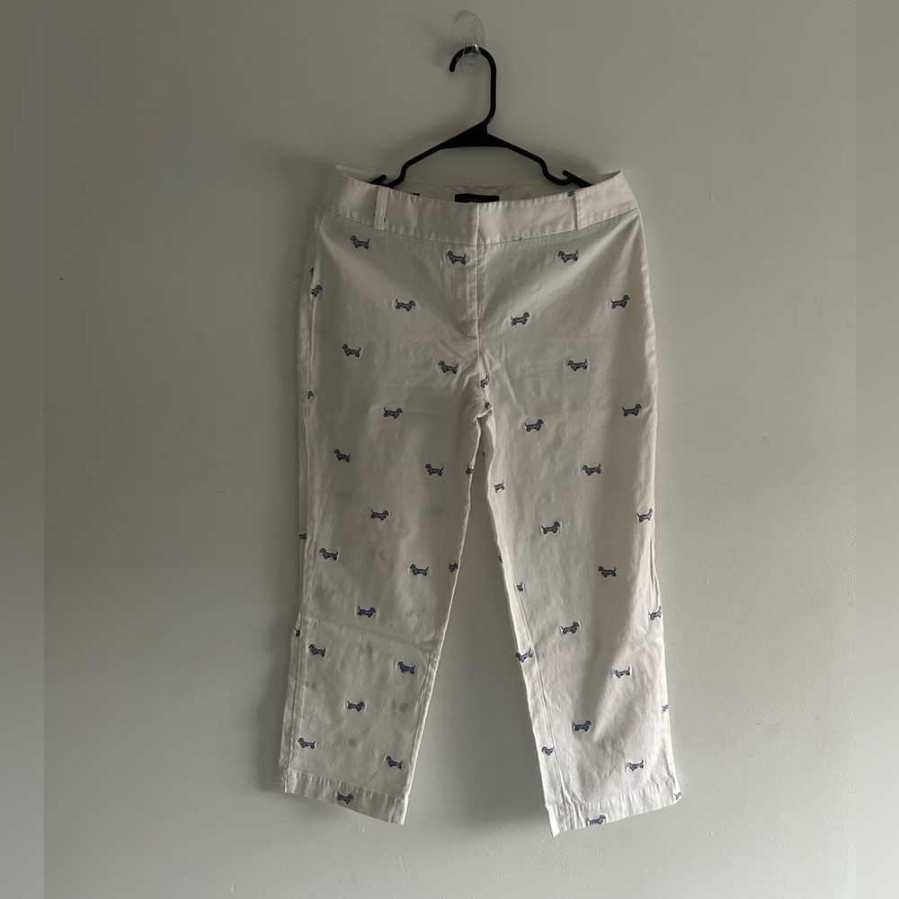Talbots Ivory Cropped Straight Leg Chino Trousers with Blue Dog Embroidery